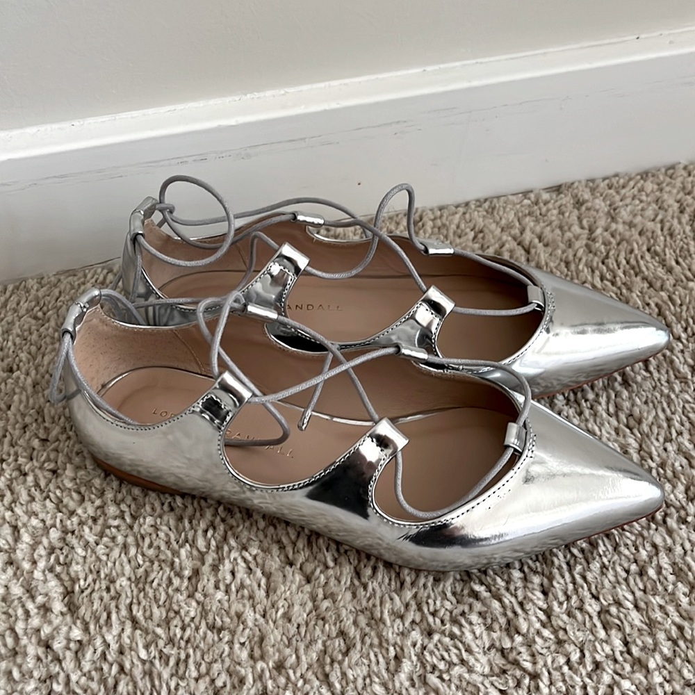 Loeffler Randall, silver lace up flats, size 5